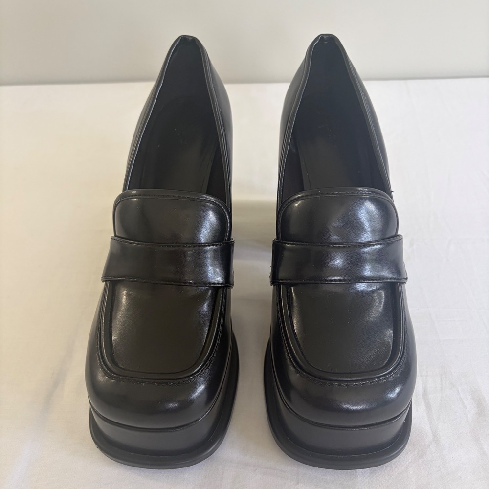 H&M Black Chunky Platform Block Heel Penny Loafers Square Toe Size 38 US 7.5